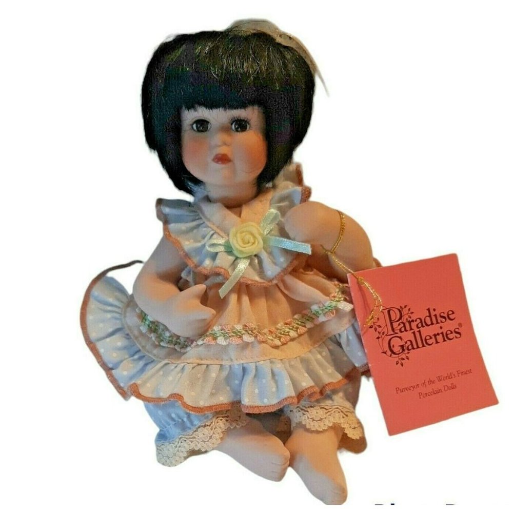 Small 8" Porcelain Sitting Doll Black Hair Blue Dress Paradise Galleries